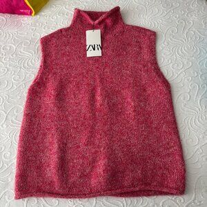NWT ZARA Pink Variegated Roll Neck Mock Turtle Sweater Sleeveless Vest S Mohair